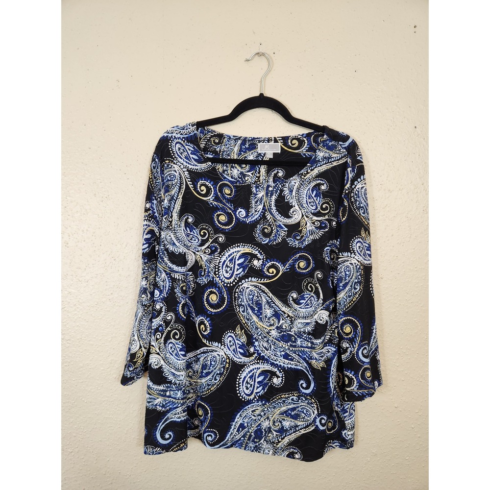 JM Collection Paisley Print Blouse Top Elegant Career Casual Black Blue XL